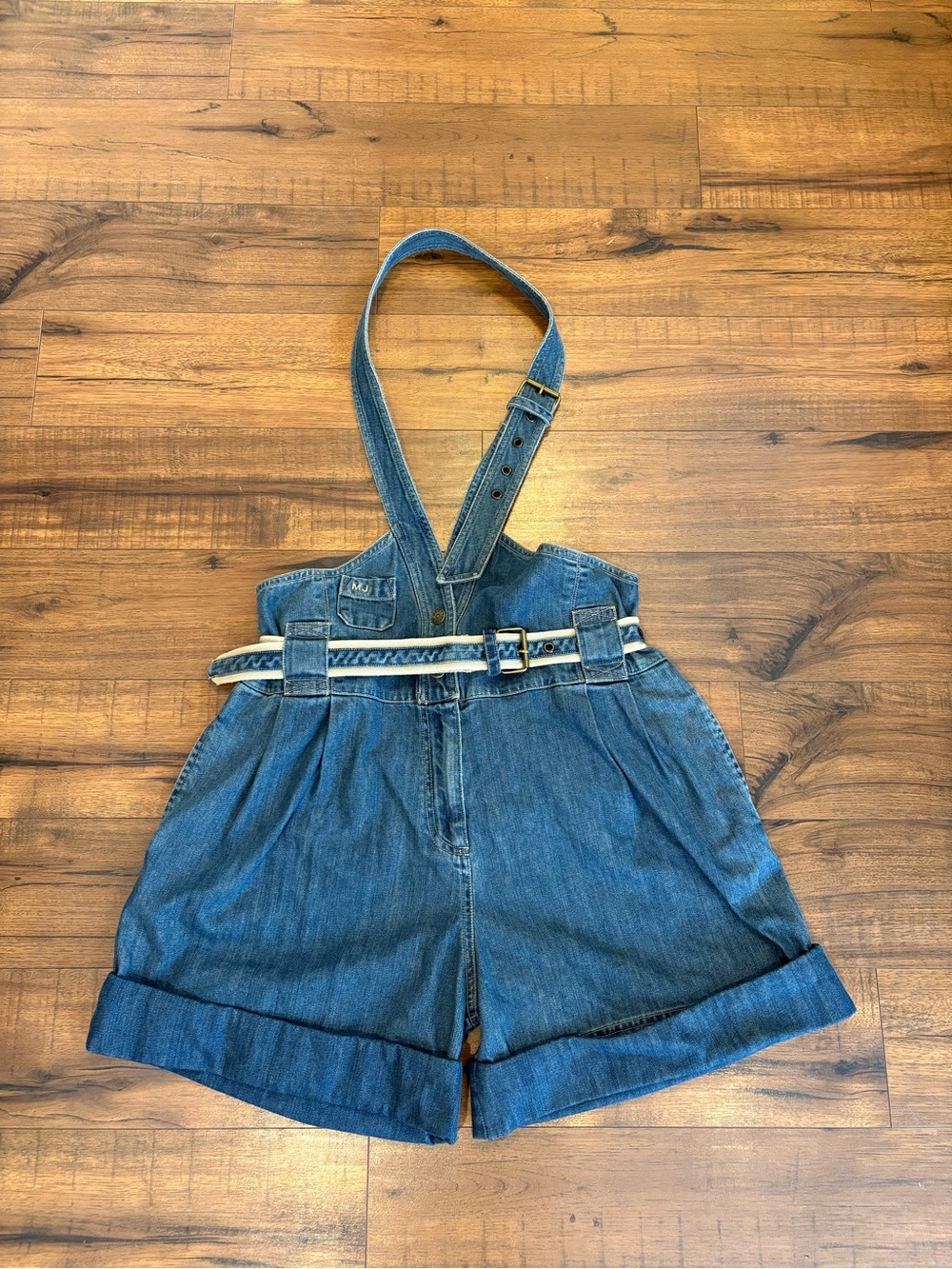 Marc Jacobs Denim Overalls Shorts Halter Size Medium Y2K Belted EUC